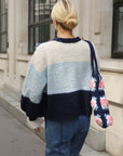 Colour Block Striped Fluffy Knit Jumper in Navy & Blue