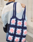 Hand Knit Rose Granny Square Tote Bag in Navy & Pink