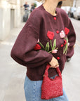Hand-Knit Tulip Floral Patch Cardigan in Burgundy