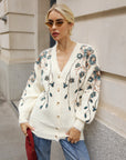 Sequin Floral Embellished Oversized Knit Cardigan in Cream