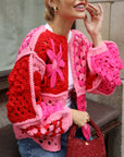 Hand Crochet 3D Floral Patchwork Cardigan in Pink & Red