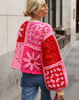 Hand Crochet 3D Floral Patchwork Cardigan in Pink & Red