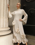 3D Floral Appliqué Pleated Maxi Dress with Statement Flare Sleeves