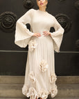3D Floral Appliqué Pleated Maxi Dress with Statement Flare Sleeves