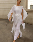 Elegant Pleated Cape Sleeve Maxi Dress with Tie Waist in White