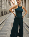 Pleated Cape Top, Vest & Wide Leg Trouser Set In Green