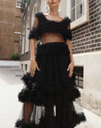 Statement Ruffle Tulle Tiered Maxi Skirt in Black
