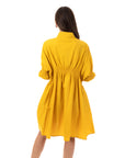 Asymmetry with Elasticated design cotton blend shirt dress in Yellow