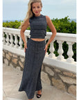 Pointelle knit vest top and maxi pleated skirt in black