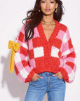 Red White Checked Print Pattern with Big Bow design Hand Knit Cardigan