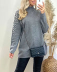 Oversized jumper with faux pearl embellishment in grey