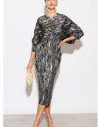 Metallic Print Pleated Dress in Kimono sleeves
