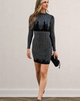 Long Sleeves Diamond Sequin short Dress in Black