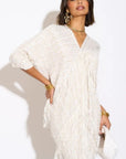 Layers Multi Fringed Tassel Pleated Midi Dress in White