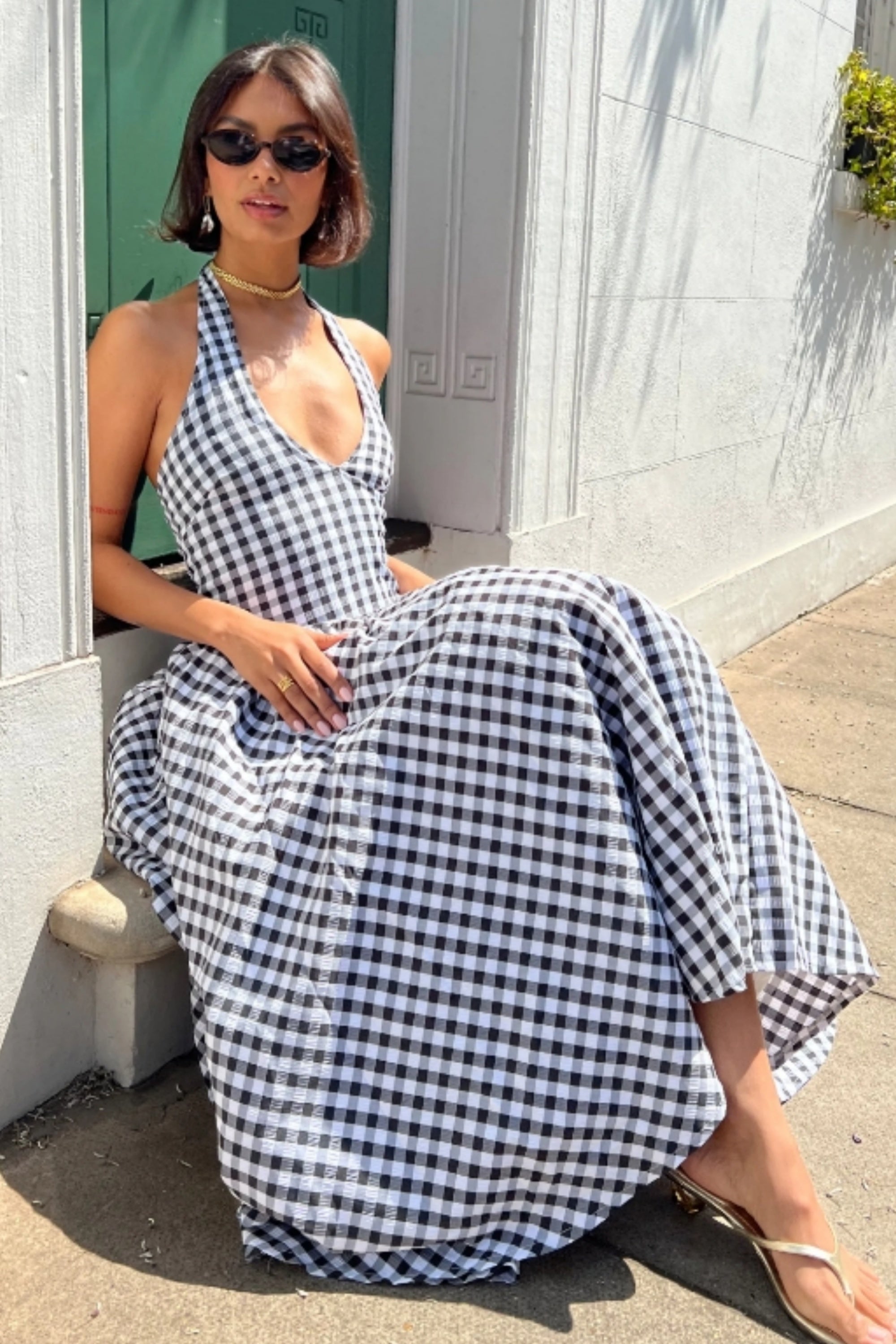 Sabrina gingham check print linen blend midi dress in Black Sabrina gingham check print linen blend midi dress in Black
