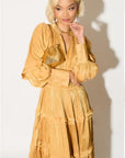 Silky feeling organza midi dress with ruffle design on sleeves and skirt hem
