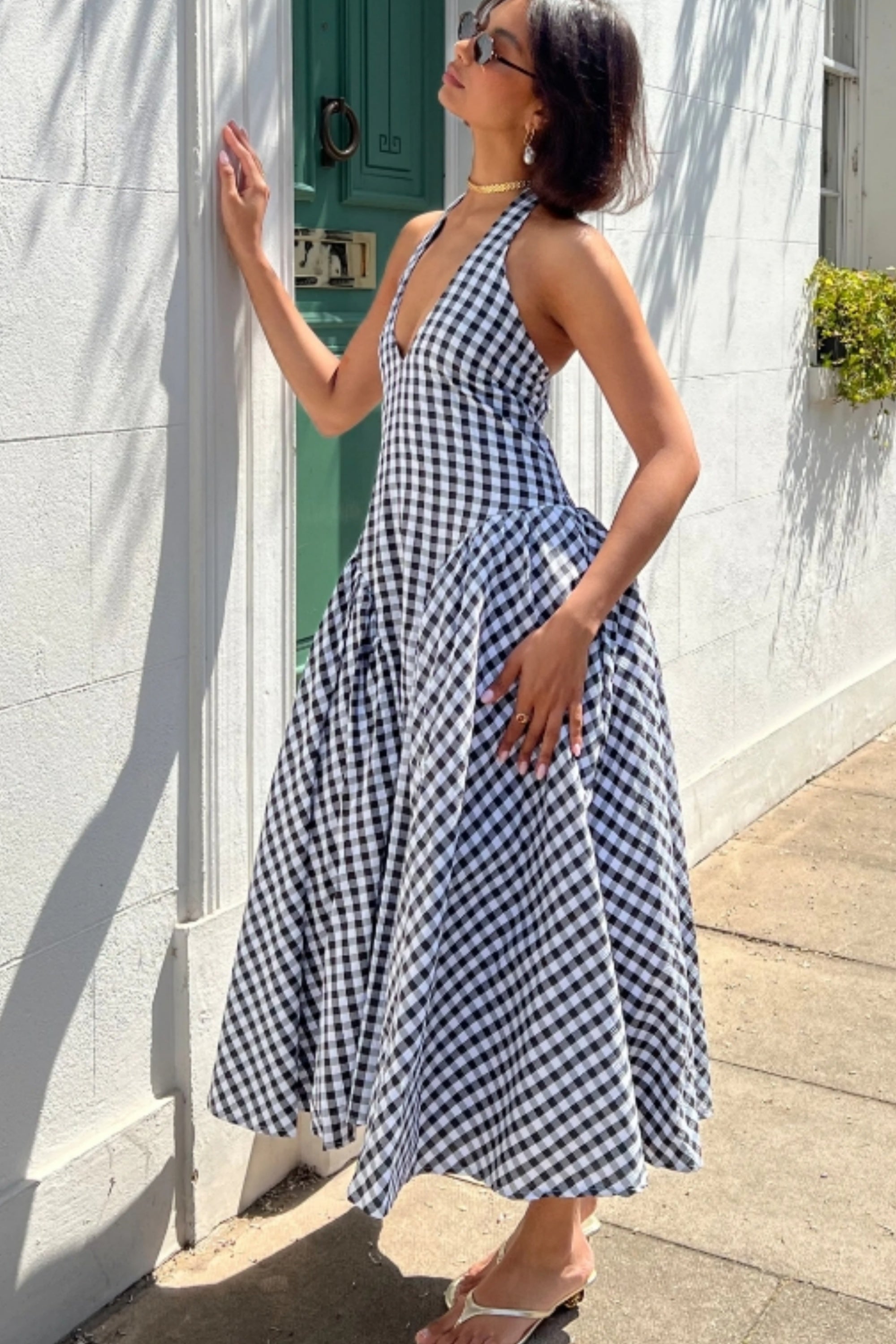 Sabrina gingham check print linen blend midi dress in Black – CY