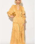 Silky feeling organza midi dress with ruffle design on sleeves and skirt hem