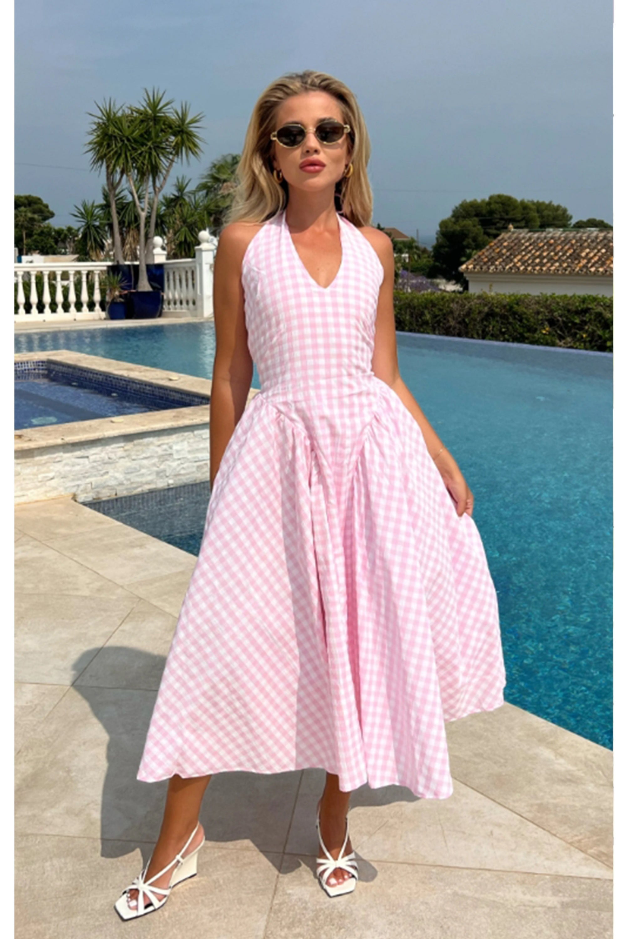 Sabrina gingham check print linen blend midi dress in pink – CY Boutique