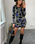 metallic gold trim Chain and Aztec Print Dress