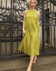 Sculptural Pleated Midi Dress with Structured Panels