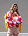 Red White Checked Print Pattern with Big Bow design Hand Knit Cardigan