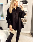 Cotton shirt with Ruched Sleeve in black