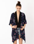 Blue Aztec Tile Print Cotton Long Kimono Cardigan