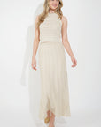 Pointelle knit vest top and maxi pleated skirt in beige