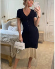 Soft Knitted Ribbed Midi Button down Bodycon Dress In Black Beige Contrast Design