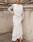 Statement Draped Mesh Layered Maxi Dress in White