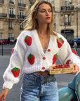 Hand-Knitted Strawberry Appliqué Cardigan in Ivory