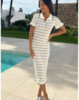 Knitted maxi dress with polo neck in Short Sleeves White colour