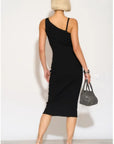 Knitted stretch cotton Bodycon midi dress with Camellias Brooches in black