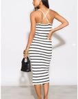 Knitted stripe print with straps design midi bodycon dress in white
