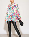 Wild Bloom multi color print oversized shirt with tie up bow design in white