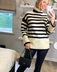 Soft Knit Striped roll-neck design cozy wool-blended jumper in white