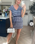 Short Sleeve V Neck Mini Dress in Black Stripe