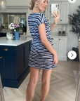 Short Sleeve V Neck Mini Dress in Black Stripe