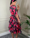 Floral Print Ruffle Multi Layer Hem Design Dress