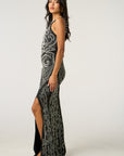Multi Diamond and Pearl Embellished Open Back Maxi Dress