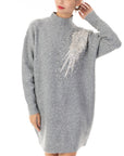 Multi Diamonded and Sequin design pattern Embroidered Long Jumper in grey