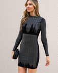 Long Sleeves Diamond Sequin short Dress in Black