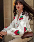 Hand-Knitted Strawberry Appliqué Cardigan in Ivory