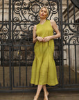 Sculptural Pleated Midi Dress with Structured Panels
