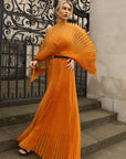 Pleated long dress with organza pleated cape sleeves in Gold