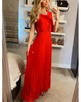Chiffon pleated full length wedding maxi dress (Red)