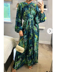 Green blue leaves Scarf print Full pleated long Shirt dress