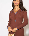 Brown color Soft knit long sleeves bodycon dress with blue line contrast design