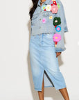 Statement Denim Jacket with Hand-Crochet Floral Appliqué